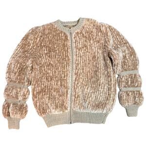 Vintage 80s Camel Brown Chenille Knit Oversized Bomber Jacket Size XL